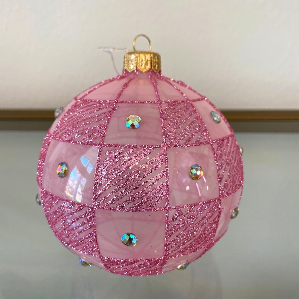 Bergdorf Goodman Pink Checkered Glass Christmas Ornament 4in Holiday Glam NEW